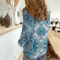 Indian Mandala Pattern Women Casual Shirt Blue Geometric Floral Mandala
