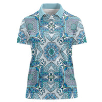 Indian Mandala Pattern Women Polo Shirt Blue Geometric Floral Mandala