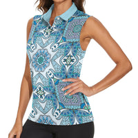 Indian Mandala Pattern Women Sleeveless Polo Shirt Blue Geometric Floral Mandala