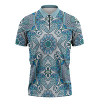 Indian Mandala Pattern Zipper Polo Shirt Blue Geometric Floral Mandala