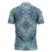Indian Mandala Pattern Zipper Polo Shirt Blue Geometric Floral Mandala