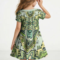 Indian Mandala Pattern Kid Short Sleeve Dress Green Geometric Floral Mandala