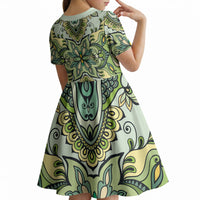 Indian Mandala Pattern Kid Short Sleeve Dress Green Geometric Floral Mandala