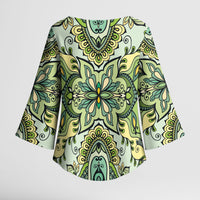 Indian Mandala Pattern Kimono Sleeve Blouse Green Geometric Floral Mandala