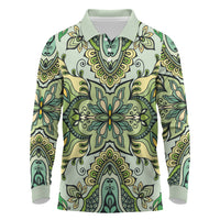 Indian Mandala Pattern Long Sleeve Polo Shirt Green Geometric Floral Mandala