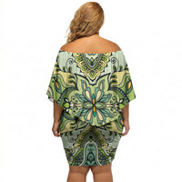 Indian Mandala Pattern Off Shoulder Short Dress Green Geometric Floral Mandala