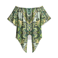 Indian Mandala Pattern Off Shoulder Wrap Waist Top Green Geometric Floral Mandala