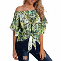 Indian Mandala Pattern Off Shoulder Wrap Waist Top Green Geometric Floral Mandala