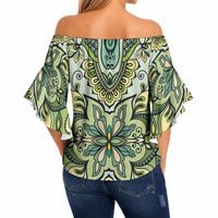 Indian Mandala Pattern Off Shoulder Wrap Waist Top Green Geometric Floral Mandala