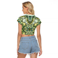 Indian Mandala Pattern Raglan Cropped T Shirt Green Geometric Floral Mandala