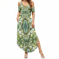 Indian Mandala Pattern Summer Maxi Dress Green Geometric Floral Mandala