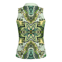 Indian Mandala Pattern Women Sleeveless Polo Shirt Green Geometric Floral Mandala