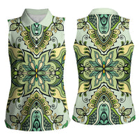 Indian Mandala Pattern Women Sleeveless Polo Shirt Green Geometric Floral Mandala