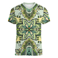 Indian Mandala Pattern Women V-Neck T-Shirt Green Geometric Floral Mandala