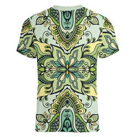 Indian Mandala Pattern Women V-Neck T-Shirt Green Geometric Floral Mandala
