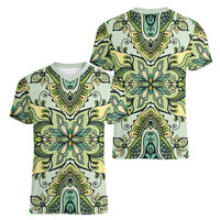 Indian Mandala Pattern Women V-Neck T-Shirt Green Geometric Floral Mandala