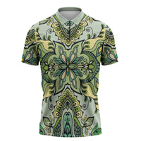 Indian Mandala Pattern Zipper Polo Shirt Green Geometric Floral Mandala