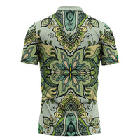 Indian Mandala Pattern Zipper Polo Shirt Green Geometric Floral Mandala