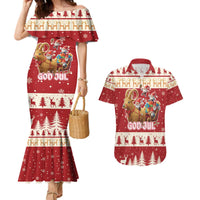 Sweden Christmas Couples Matching Mermaid Dress and Hawaiian Shirt God Jul Nordic Julbock - Wonder Print Shop