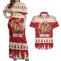 Sweden Christmas Couples Matching Off Shoulder Maxi Dress and Hawaiian Shirt God Jul Nordic Julbock - Wonder Print Shop