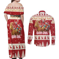 Sweden Christmas Couples Matching Off Shoulder Maxi Dress and Long Sleeve Button Shirt God Jul Nordic Julbock - Wonder Print Shop