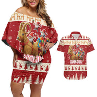 Sweden Christmas Couples Matching Off Shoulder Short Dress and Hawaiian Shirt God Jul Nordic Julbock - Wonder Print Shop
