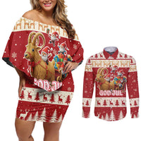 Sweden Christmas Couples Matching Off Shoulder Short Dress and Long Sleeve Button Shirt God Jul Nordic Julbock - Wonder Print Shop
