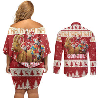 Sweden Christmas Couples Matching Off Shoulder Short Dress and Long Sleeve Button Shirt God Jul Nordic Julbock - Wonder Print Shop