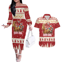 Sweden Christmas Couples Matching Off The Shoulder Long Sleeve Dress and Hawaiian Shirt God Jul Nordic Julbock - Wonder Print Shop
