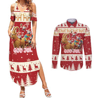 Sweden Christmas Couples Matching Summer Maxi Dress and Long Sleeve Button Shirt God Jul Nordic Julbock - Wonder Print Shop