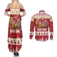 Sweden Christmas Couples Matching Summer Maxi Dress and Long Sleeve Button Shirt God Jul Nordic Julbock - Wonder Print Shop