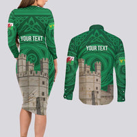 Personalized Caernarfonshire Wales Couples Matching Long Sleeve Bodycon Dress and Long Sleeve Button Shirt Caernarfon Castle and Emblem Celtic Style - Wonder Print Shop