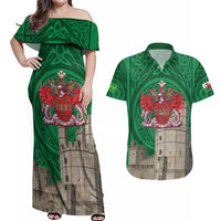 Personalized Caernarfonshire Wales Couples Matching Off Shoulder Maxi Dress and Hawaiian Shirt Caernarfon Castle and Emblem Celtic Style - Wonder Print Shop