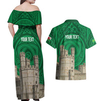 Personalized Caernarfonshire Wales Couples Matching Off Shoulder Maxi Dress and Hawaiian Shirt Caernarfon Castle and Emblem Celtic Style - Wonder Print Shop