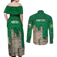 Personalized Caernarfonshire Wales Couples Matching Off Shoulder Maxi Dress and Long Sleeve Button Shirt Caernarfon Castle and Emblem Celtic Style - Wonder Print Shop