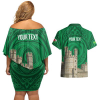 Personalized Caernarfonshire Wales Couples Matching Off Shoulder Short Dress and Hawaiian Shirt Caernarfon Castle and Emblem Celtic Style - Wonder Print Shop