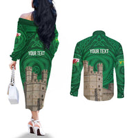 Personalized Caernarfonshire Wales Couples Matching Off The Shoulder Long Sleeve Dress and Long Sleeve Button Shirt Caernarfon Castle and Emblem Celtic Style - Wonder Print Shop