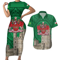 Personalized Caernarfonshire Wales Couples Matching Short Sleeve Bodycon Dress and Hawaiian Shirt Caernarfon Castle and Emblem Celtic Style - Wonder Print Shop