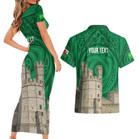 Personalized Caernarfonshire Wales Couples Matching Short Sleeve Bodycon Dress and Hawaiian Shirt Caernarfon Castle and Emblem Celtic Style - Wonder Print Shop
