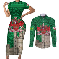 Personalized Caernarfonshire Wales Couples Matching Short Sleeve Bodycon Dress and Long Sleeve Button Shirt Caernarfon Castle and Emblem Celtic Style - Wonder Print Shop