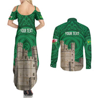 Personalized Caernarfonshire Wales Couples Matching Summer Maxi Dress and Long Sleeve Button Shirt Caernarfon Castle and Emblem Celtic Style - Wonder Print Shop