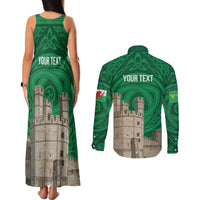 Personalized Caernarfonshire Wales Couples Matching Tank Maxi Dress and Long Sleeve Button Shirt Caernarfon Castle and Emblem Celtic Style - Wonder Print Shop