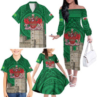 Personalized Caernarfonshire Wales Family Matching Off The Shoulder Long Sleeve Dress and Hawaiian Shirt Caernarfon Castle and Emblem Celtic Style - Wonder Print Shop
