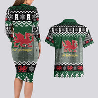 Caernarfonshire Wales Christmas Couples Matching Long Sleeve Bodycon Dress and Hawaiian Shirt Caernarfon Castle Red Dragon - Wonder Print Shop