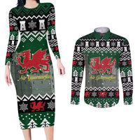 Caernarfonshire Wales Christmas Couples Matching Long Sleeve Bodycon Dress and Long Sleeve Button Shirt Caernarfon Castle Red Dragon - Wonder Print Shop