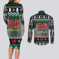 Caernarfonshire Wales Christmas Couples Matching Long Sleeve Bodycon Dress and Long Sleeve Button Shirt Caernarfon Castle Red Dragon - Wonder Print Shop
