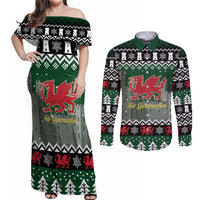 Caernarfonshire Wales Christmas Couples Matching Off Shoulder Maxi Dress and Long Sleeve Button Shirt Caernarfon Castle Red Dragon - Wonder Print Shop