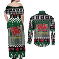 Caernarfonshire Wales Christmas Couples Matching Off Shoulder Maxi Dress and Long Sleeve Button Shirt Caernarfon Castle Red Dragon - Wonder Print Shop