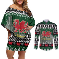 Caernarfonshire Wales Christmas Couples Matching Off Shoulder Short Dress and Long Sleeve Button Shirt Caernarfon Castle Red Dragon - Wonder Print Shop