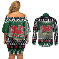 Caernarfonshire Wales Christmas Couples Matching Off Shoulder Short Dress and Long Sleeve Button Shirt Caernarfon Castle Red Dragon - Wonder Print Shop